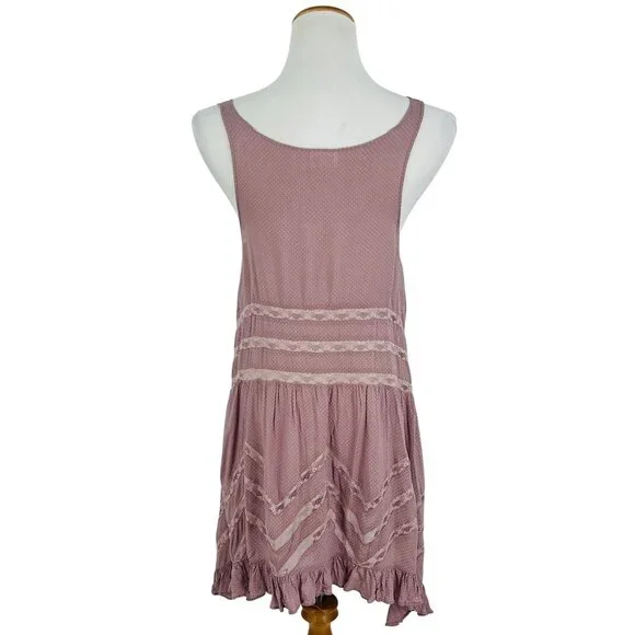 Free People Pink Tiered Ruffle Voile & Lace Mini Slip Dress | Cottagecore Boho M - Picture 15 of 16
